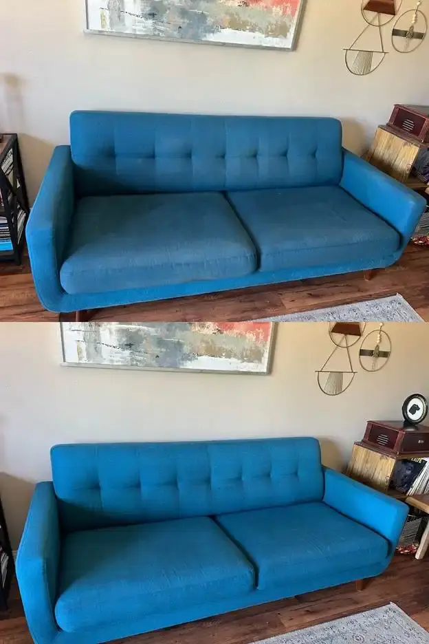 Blue sofa before and after upholstery cleaning in Delaware